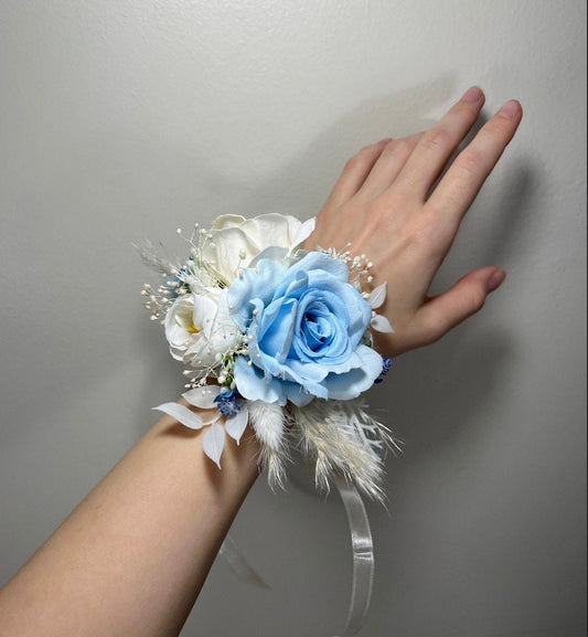 Wedding Blue Corsage White Boho Wedding Wrist Corsage Bridesmaids Decor Dusty Blue Ivory Corsage Accessories Mom Corsage Artificial Flowers