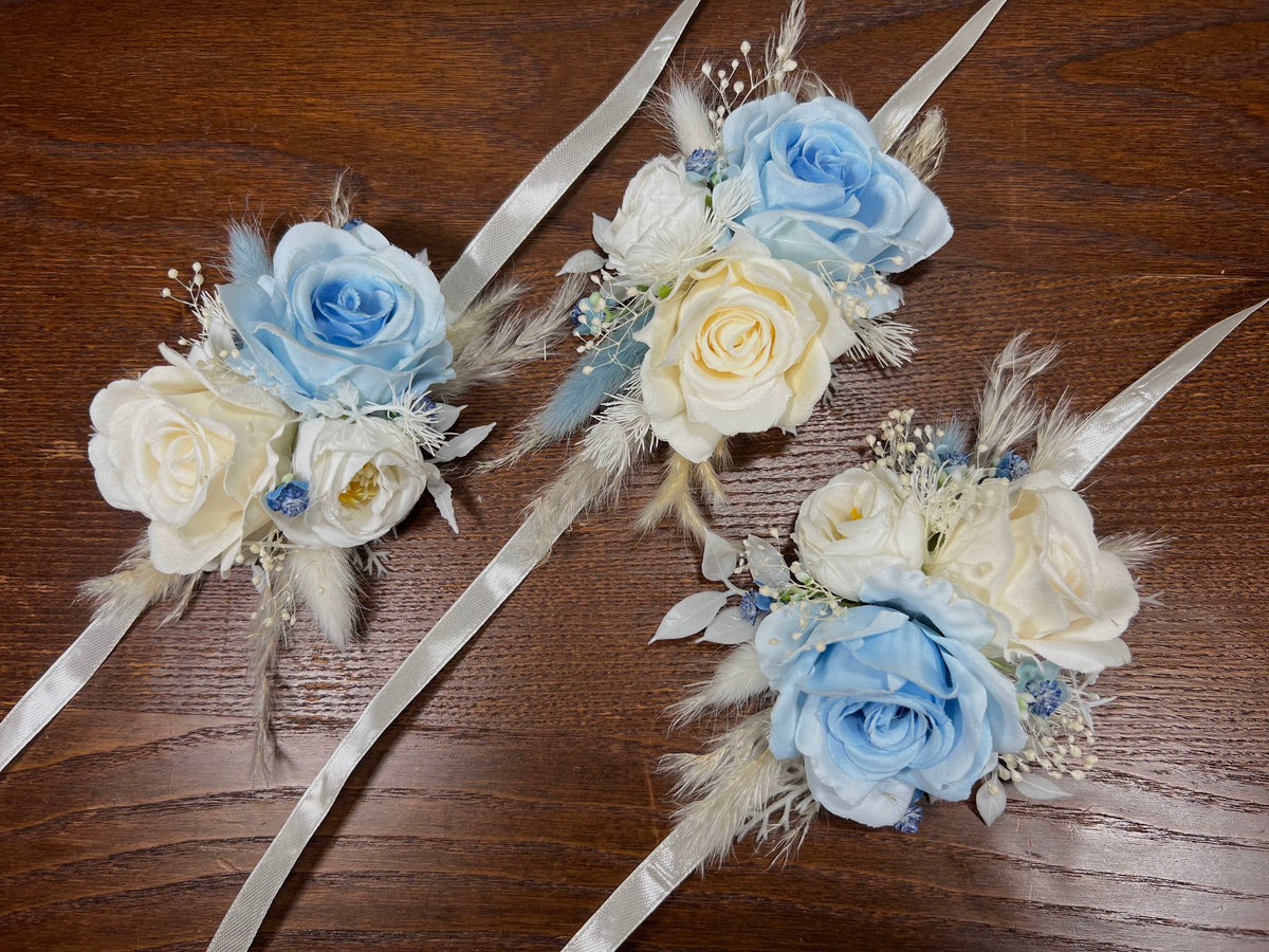 Wedding Blue Corsage White Wedding Wrist Corsage Bridesmaids Decor Dusty Blue Light Ivory Corsage Accessories Mom Corsage Artificial Flowers