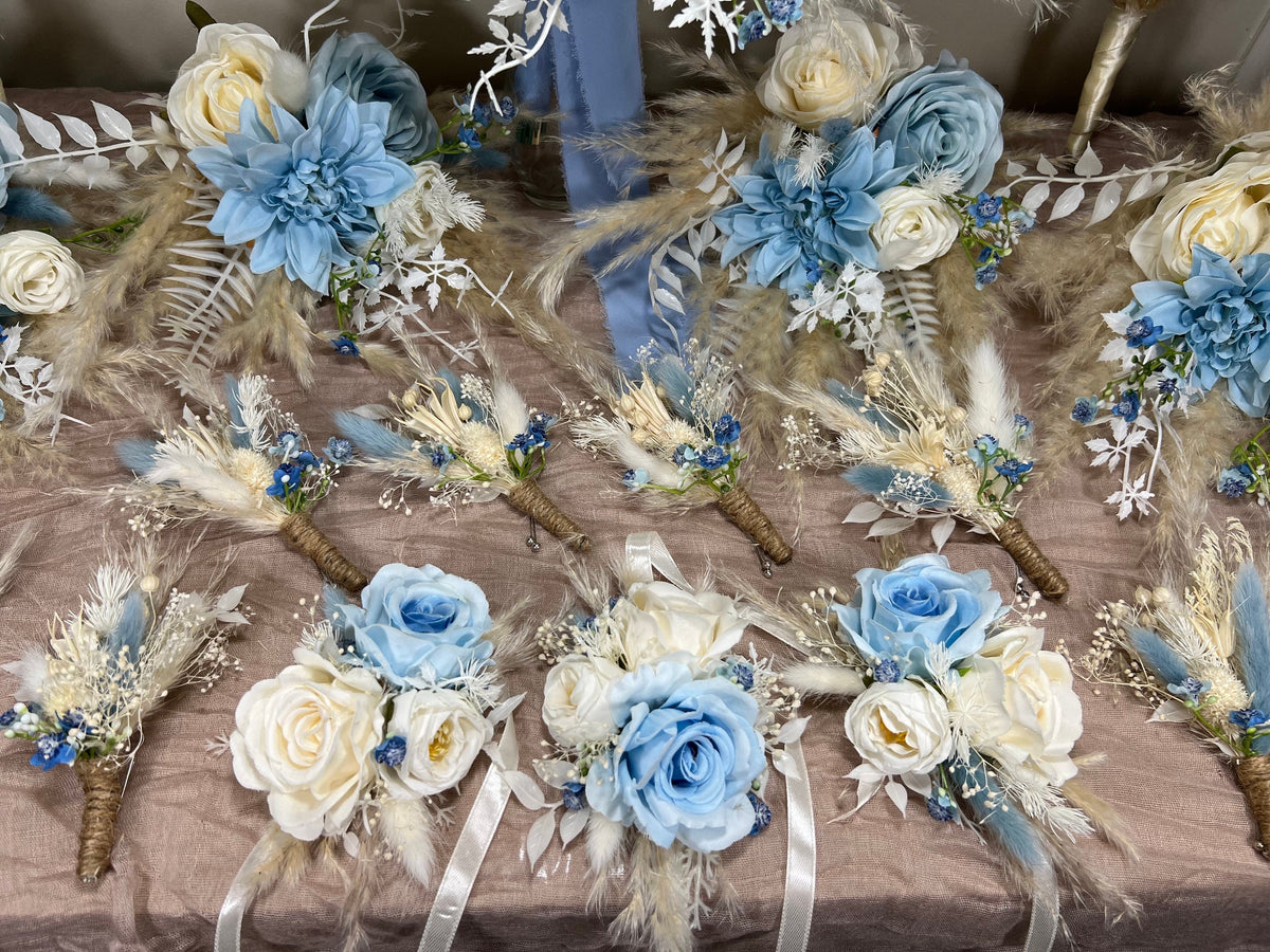 Blue White Pocket Boutonnière Wedding Groom Boho Square Boutonniere Baby Breath Groomsmen Pocket Boutonniere Sky Blue Ivory Artificial