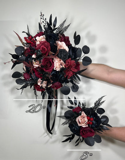 Black Bouquet Wedding Burgundy Bridal Bouquet Gothic Dusty Rose Halloween Bouquet Black Bridesmaids Bouquet Black Burgundy Artificial Flower