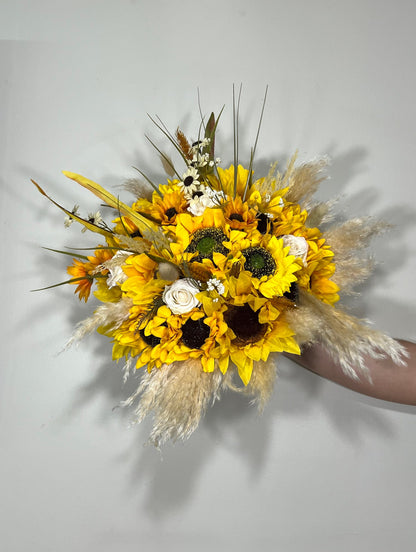 Sunflower Bouquet Wedding Boho Bridal Sunflower Wedding White Fall Decor Ivory Sunflower Bridesmaids Bouquet Pampas Grass Artificial Flowers