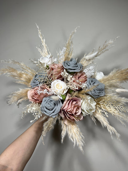 Wedding Bouquet Grey Bridal Dusty Rose Bouquet White Boho Bridesmaids Grey Bouquet Dusty Rose Decor Ivory Pampas Grass Artificial Flower