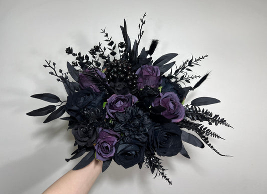 Black Bouquet Wedding Dark Purple Bridal Wedding Gothic Bouquet Black Decor Purple Black Bridesmaids Bouquet Plum Artificial Flower