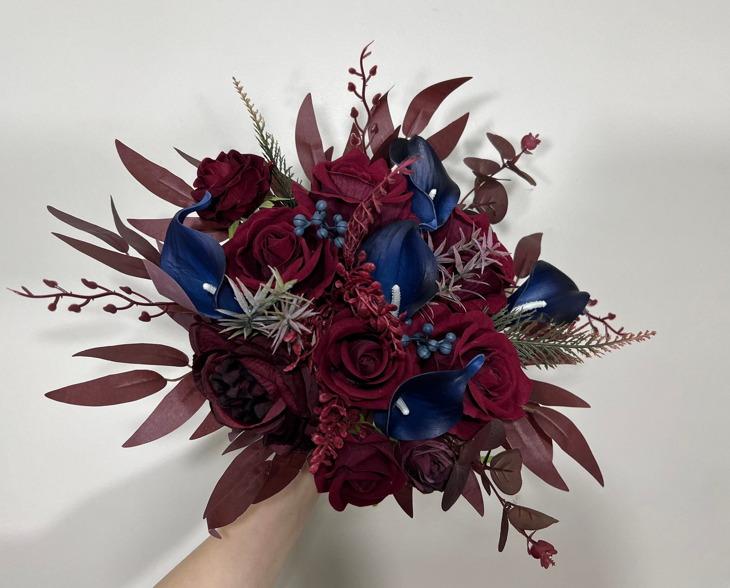 Wedding Bouquet Burgundy Navy Blue Bridal Bouquet Burgundy Calla Lily Navy Blue Bridesmaids Bouquet Navy Calla Artificial Flower