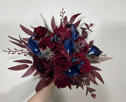 Wedding Bouquet Burgundy Navy Blue Bridal Bouquet Burgundy Calla Lily Navy Blue Bridesmaids Bouquet Navy Calla Artificial Flower