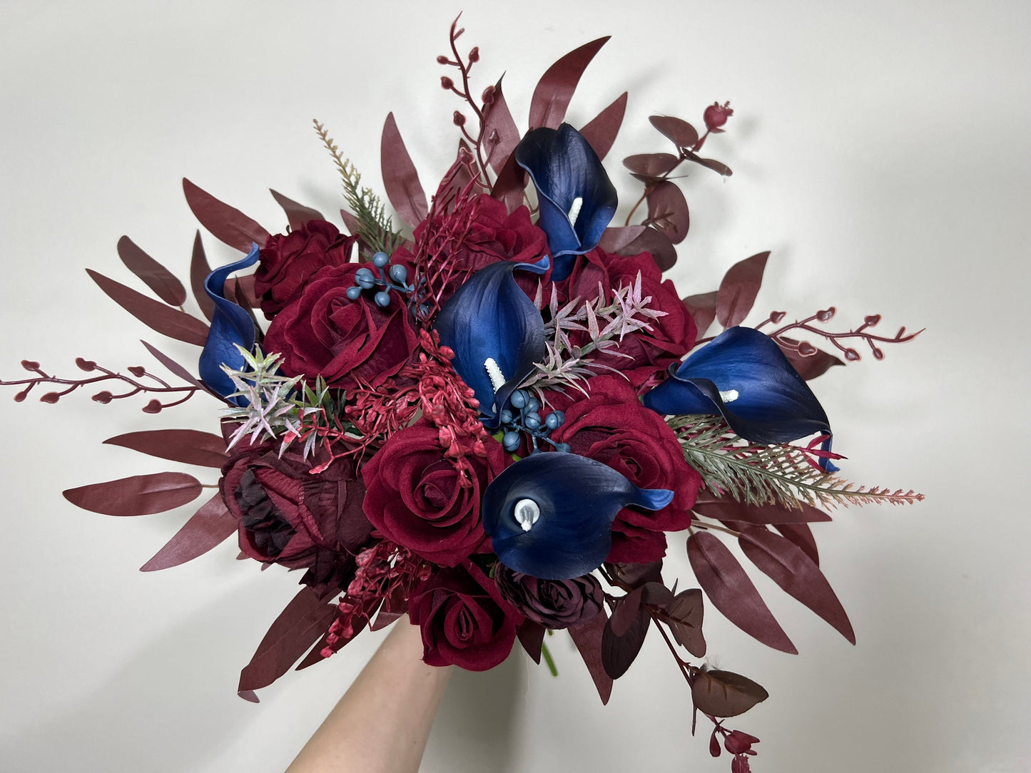 Burgundy and Navy Wedding Bridal Bouquet with Real Touch Calla Lily