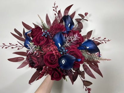 Burgundy and Navy Wedding Bridal Bouquet with Real Touch Calla Lily