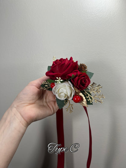 Red Corsage Wedding Wrist Corsage Red Bridesmaids Burgundy Corsage Pine Cone Winter Christmas Red Corage Artificial Flowers