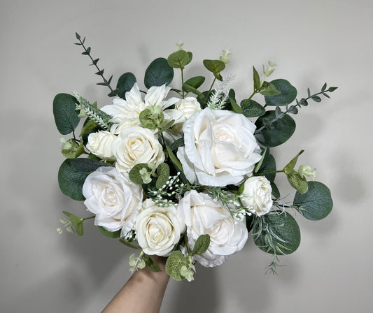 Wedding White Bouquet Bridal Ivory Bouquet Classic Sage Eucalyptus Greenery Bridesmaids Bouquet White Artificial Flowers