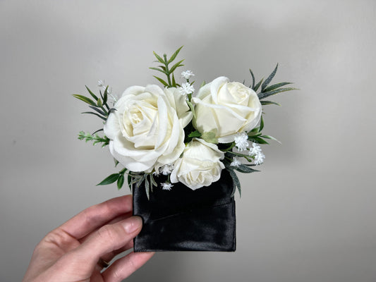 White Rose Pocket Boutonniere, Ivory Artificial Wedding Boutonniere, Groom Groomsmen Floral Pocket Square, Eucalyptus Greenery Boutonnière