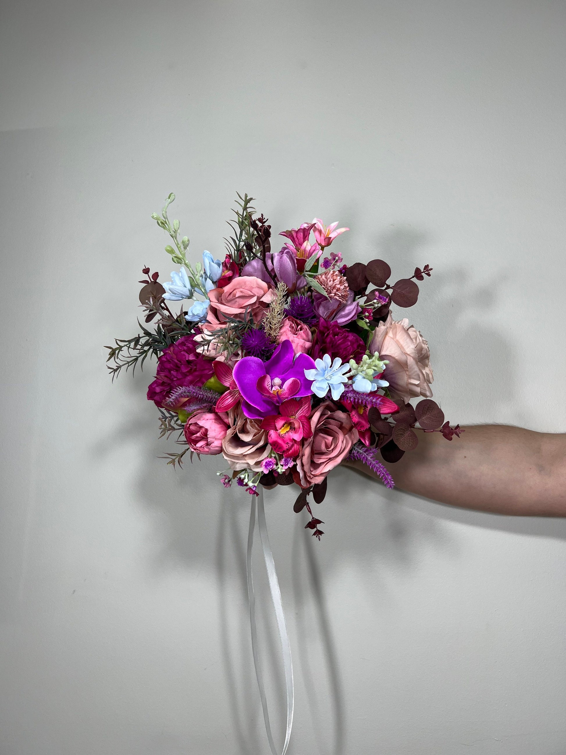 Wedding Bouquet Purple Orchid Bridesmaids Bouquet Hot Pink Fuchsia Pink Viva Magenta Orchid Bouquet Tropical Blue Purple Artificial Flower
