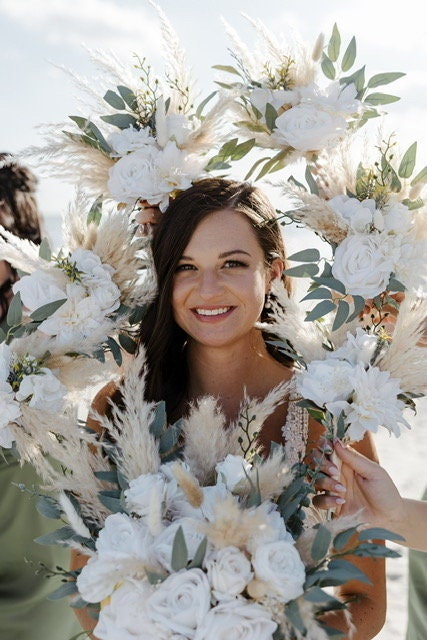 Wedding White Bouquet Boho Bridal Ivory Bouquet Pampas Grass Bridesmaids Decor Eucalyptus Ivory Greenery Artificial Flower Dried Classic
