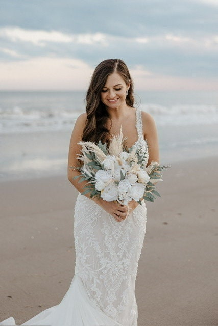 Wedding White Bouquet Boho Bridal Ivory Bouquet Pampas Grass Bridesmaids Decor Eucalyptus Ivory Greenery Artificial Flower Dried Classic
