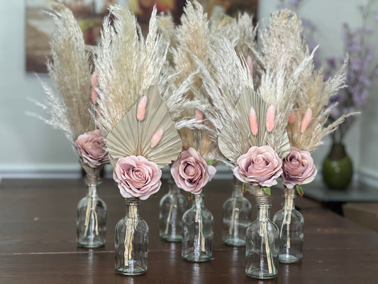 Dusty Rose Boho Wedding Centerpiece • Pampas Grass & Palm Leaf Floral • Silk Table Decor • Rustic Bridal Shower Arrangement