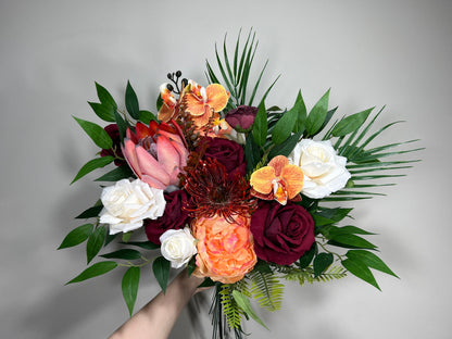 Wedding Bouquet Tropical Bridal White Orchid Bridesmaids Bouquet Protea Burgundy Orange Orchid Protea Ivory Artificial Flower Reddit