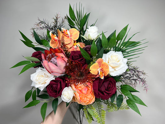 Wedding Bouquet Tropical Bridal White Orchid Bridesmaids Bouquet Protea Burgundy Orange Orchid Protea Ivory Artificial Flower Reddit