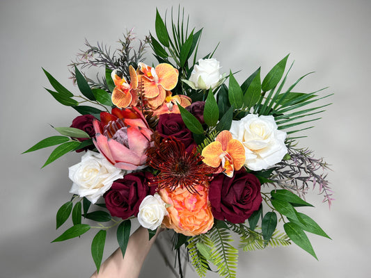 Wedding Bouquet Tropical Bridal White Orchid Bridesmaids Bouquet Protea Burgundy Orange Orchid Protea Ivory Artificial Flower Reddit