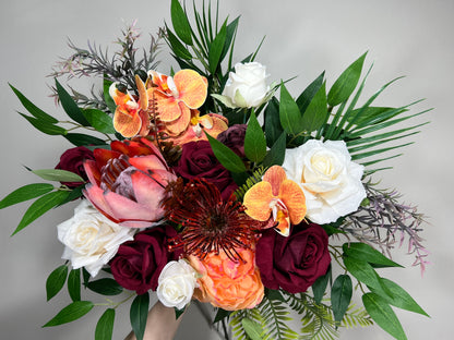 Wedding Bouquet Tropical Bridal White Orchid Bridesmaids Bouquet Protea Burgundy Orange Orchid Protea Ivory Artificial Flower Reddit