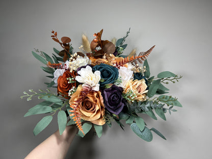 Wedding Dark Teal Bouquet Rust Orange Bridal Purple Bridesmaids Bouquet Terracotta Dark Purple Artificial Flowers Dark Teal White