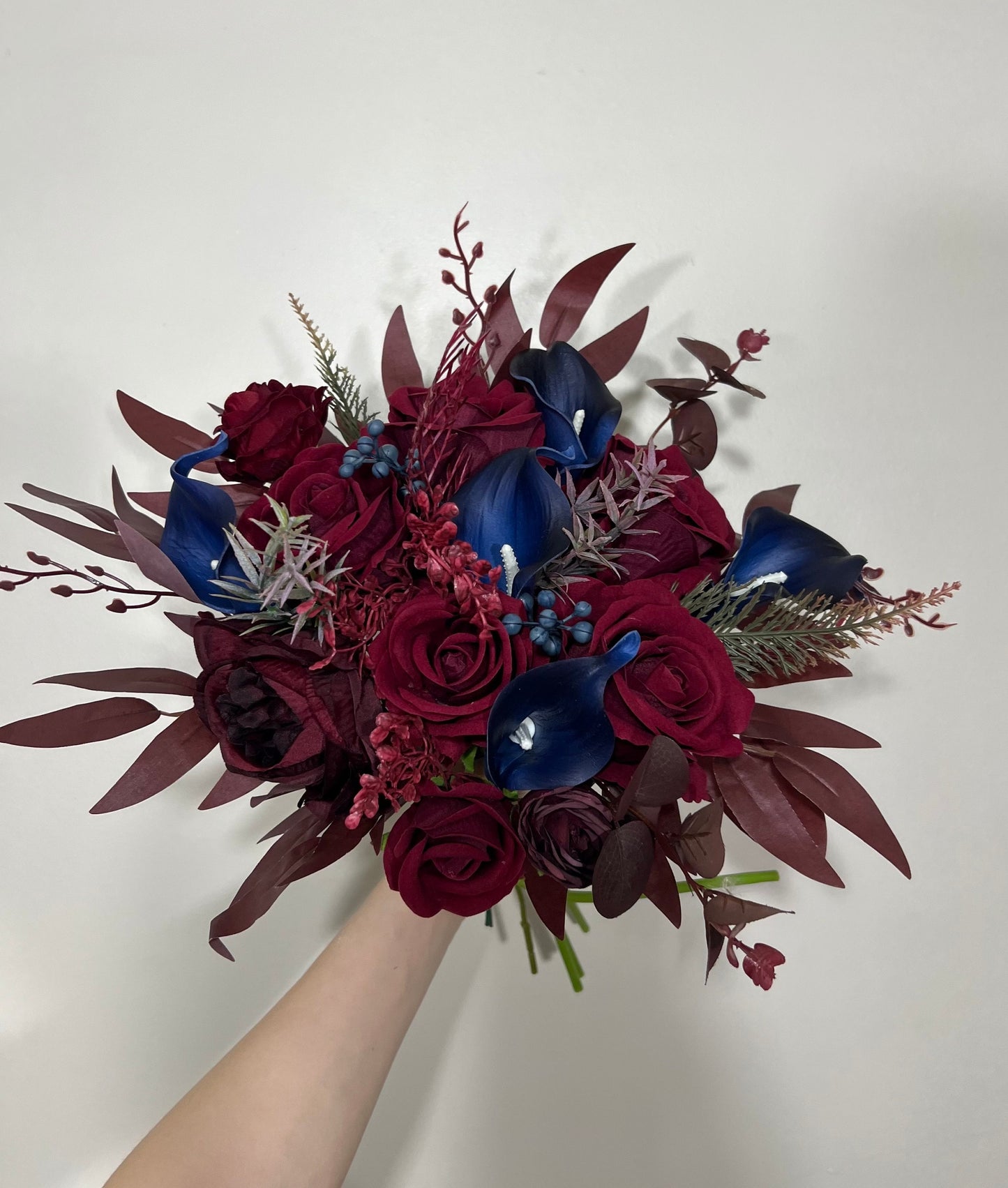 Burgundy and Navy Wedding Bridal Bouquet with Real Touch Calla Lily