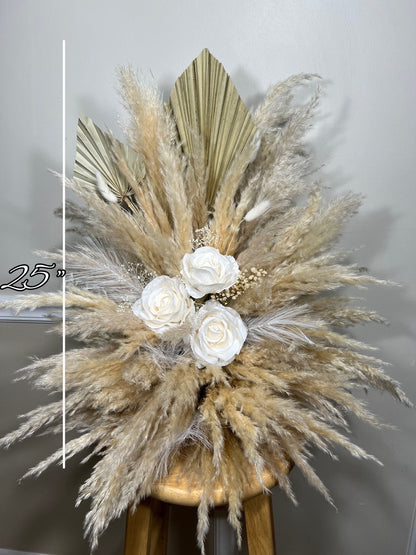 Wedding Aisle Marker Flower Floor Arrangement Whiskey Barrel Décor White Boho Pampas Grass Standing Arch Palm Leaves
