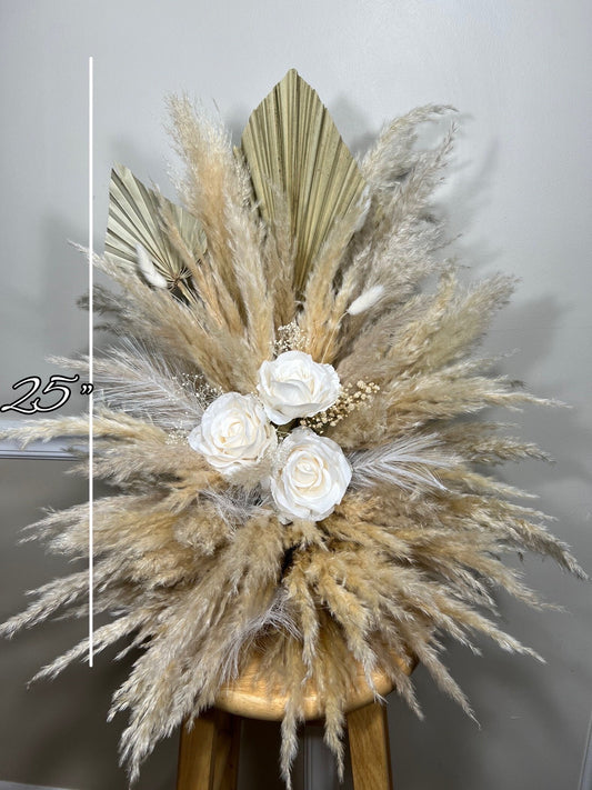 Wedding Aisle Marker Flower Floor Arrangement Whiskey Barrel Décor White Boho Pampas Grass Standing Arch Palm Leaves