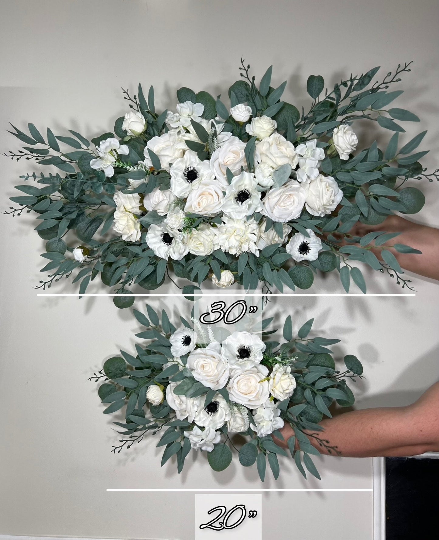 Wedding Corner Arch Arrangement White Corner Anemone Arch Arrangement Ivory Black White Anemone Artificial Flower Eucalyptus Sage Swag Arch