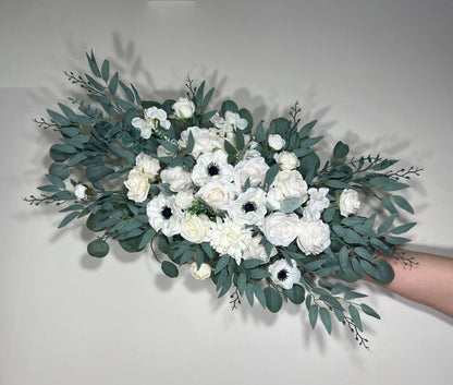 Wedding Corner Arch Arrangement White Corner Anemone Arch Arrangement Ivory Black White Anemone Artificial Flower Eucalyptus Sage Swag Arch