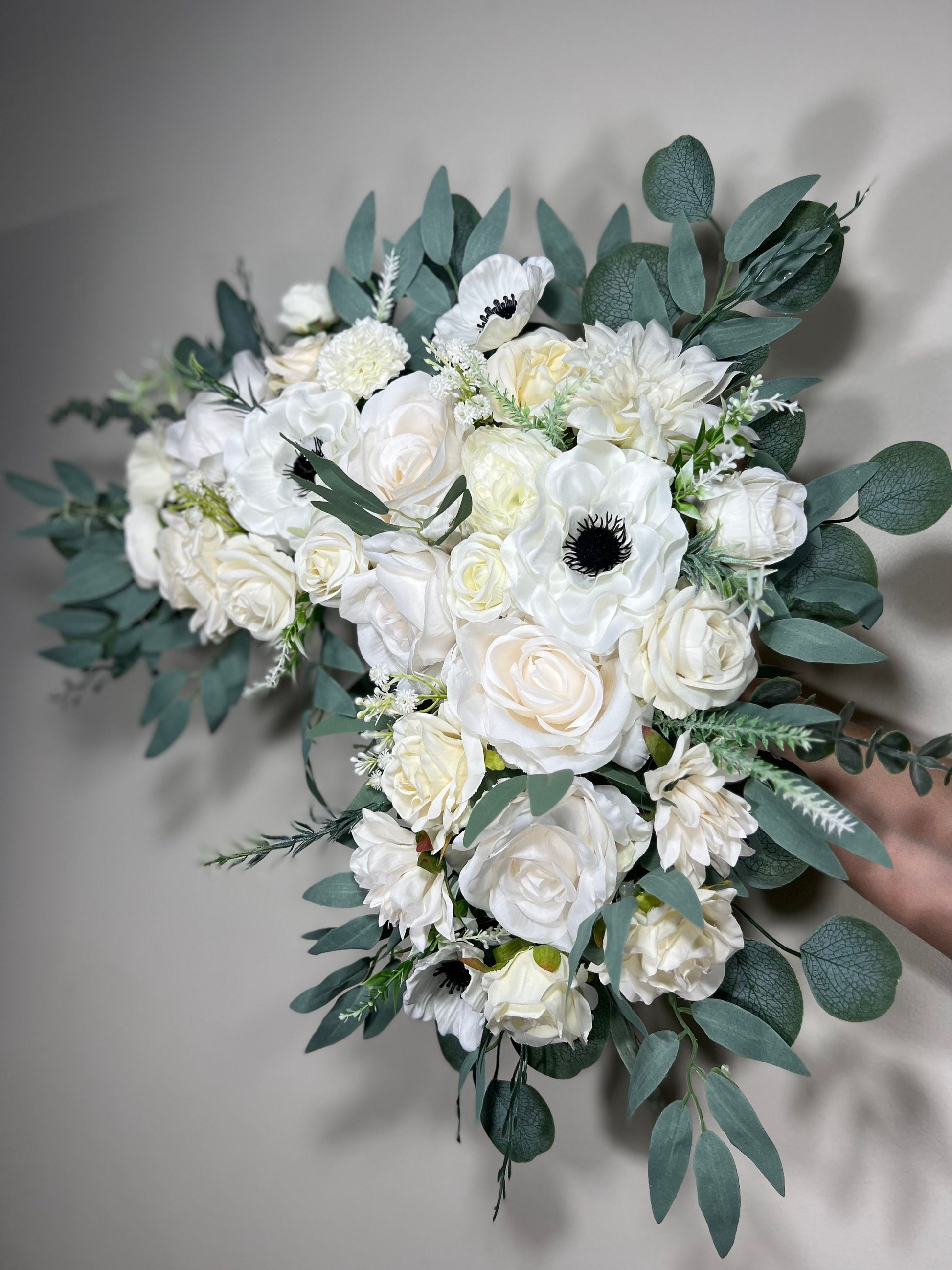 Wedding Cascade Bouquet Anemone White Baby Breath Cascading Bridal Wedding Anemone Bouquet Ivory Sage Classic Eucalyptus Artificial Flower