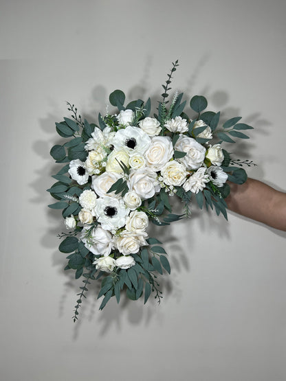 Wedding Bouquet Cascade Anemone White Cascading Bridal Wedding Anemone Bouquet Ivory Bridemaids Bouquet Eucalyptus Artificial Flower