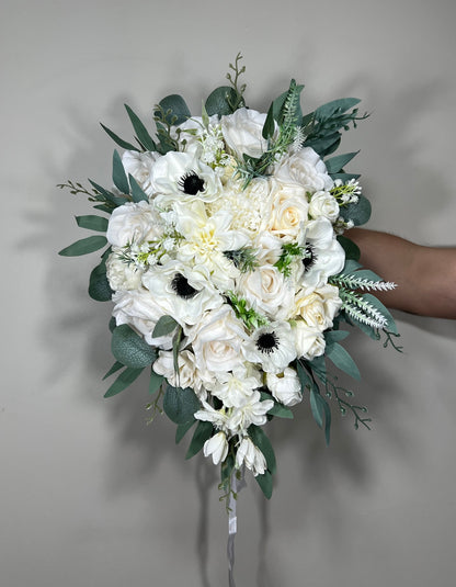 Wedding Cascade Bouquet White Anemone Bridal Cascading Bouquet Anemone Ivory Sage Anemone Bridesmaids Bouquet Eucalyptus Artificial Flower