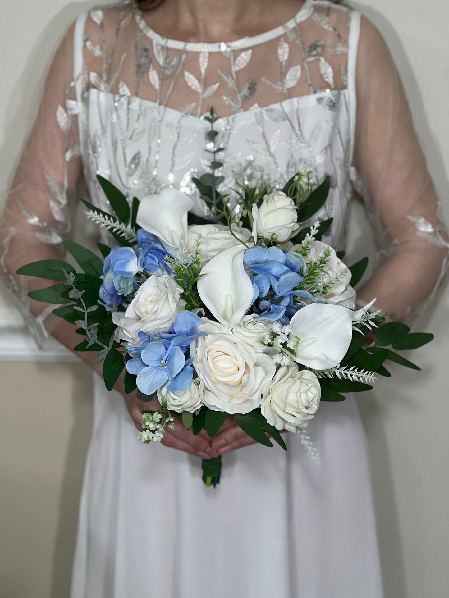 Wedding Bouquet White Hydrangea Calla Lilies Bridal Bouquet Blue Bridesmaids Light Blue Baby Ivory Spring Artificial Flower Calla Lily