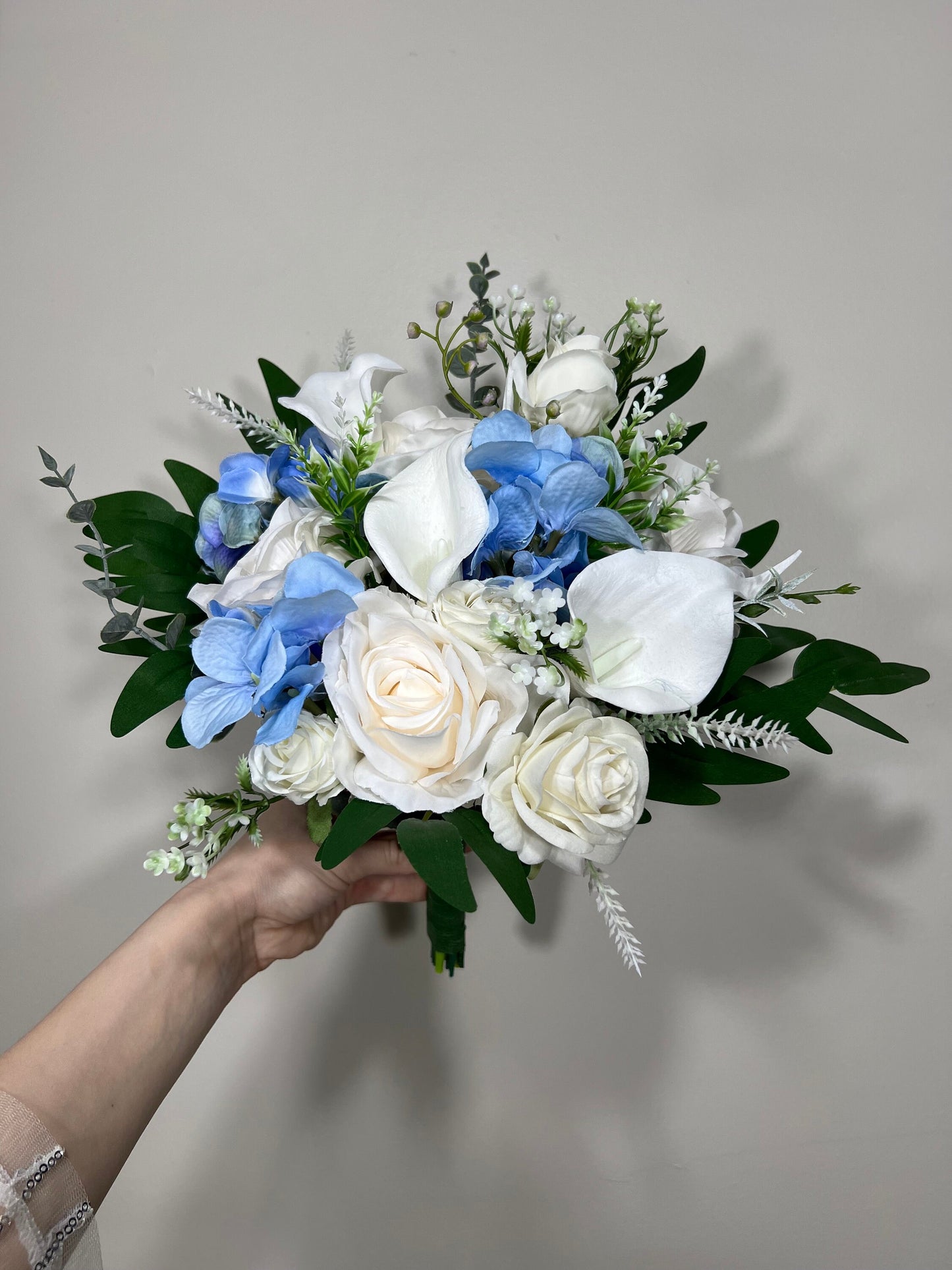Wedding Bouquet White Hydrangea Calla Lilies Bridal Bouquet Blue Bridesmaids Light Blue Baby Ivory Spring Artificial Flower Calla Lily