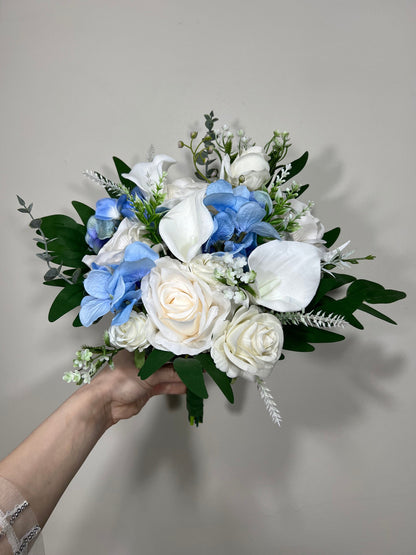 Wedding Bouquet White Hydrangea Calla Lilies Bridal Bouquet Blue Bridesmaids Light Blue Baby Ivory Spring Artificial Flower Calla Lily