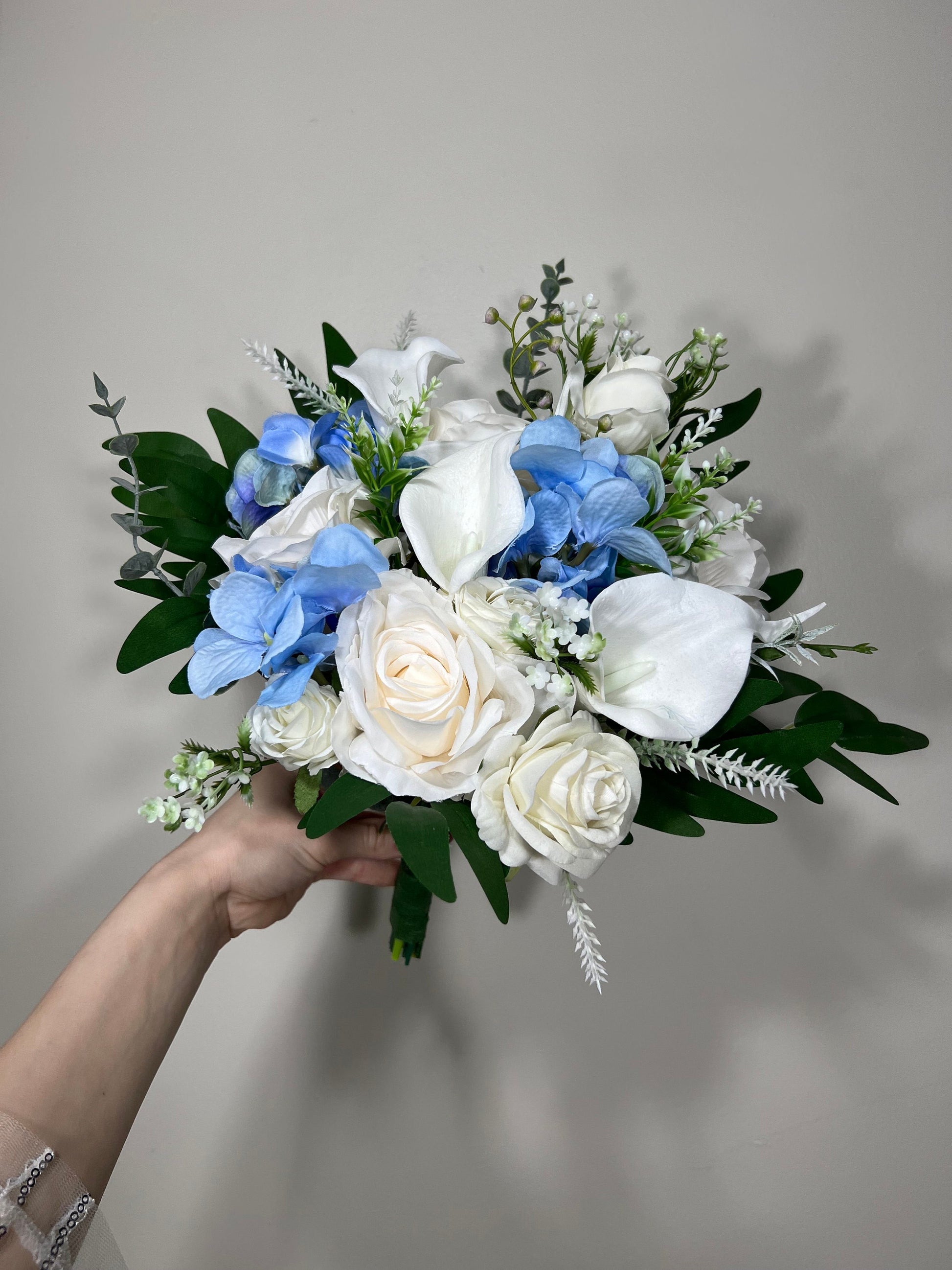 Wedding Bouquet White Hydrangea Calla Lilies Bridal Bouquet Blue Bridesmaids Light Blue Baby Ivory Spring Artificial Flower Calla Lily