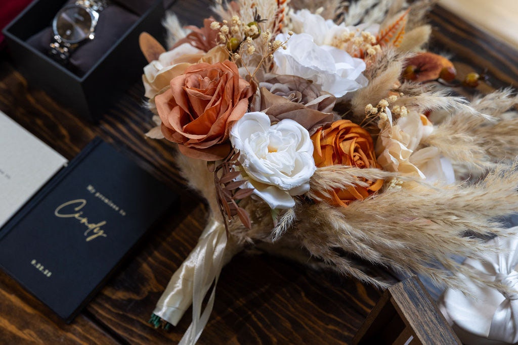 Wedding Bouquet Terracotta Boho Bridal Rust Wedding Burnt Orange Bridesmaids Decor Fall Handmade Artificial Flower Pampas Grass