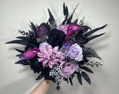 Wedding Bouquet Black Purple Bridal Cascade Bouquet Black Dark Purple Bridesmaids Bouquet Black Purple Calla Lily Artificial Flower