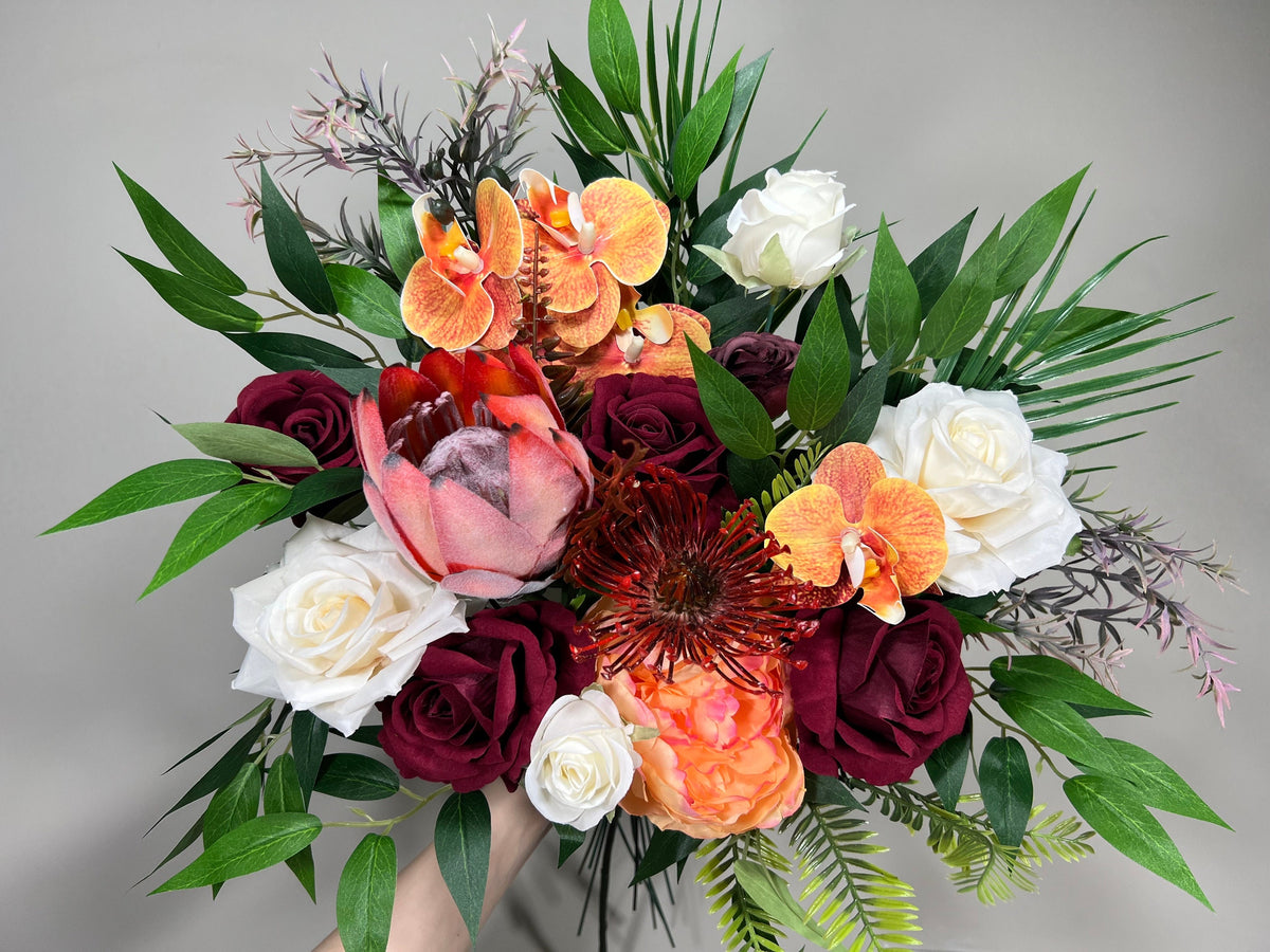 Wedding Bouquet Tropical Bridal White Orchid Bridesmaids Bouquet Protea Burgundy Orange Orchid Protea Ivory Artificial Flower Reddit