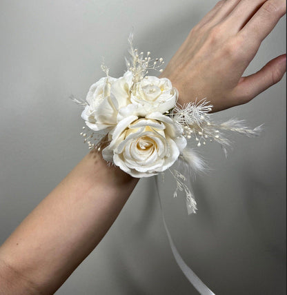 Wedding Bouquet Boho White Bridal Bouquet Pampas Grass Ivory Bridesmaids Decor Palms Leaves White Artificial Flower Dried Dahlia White Rose