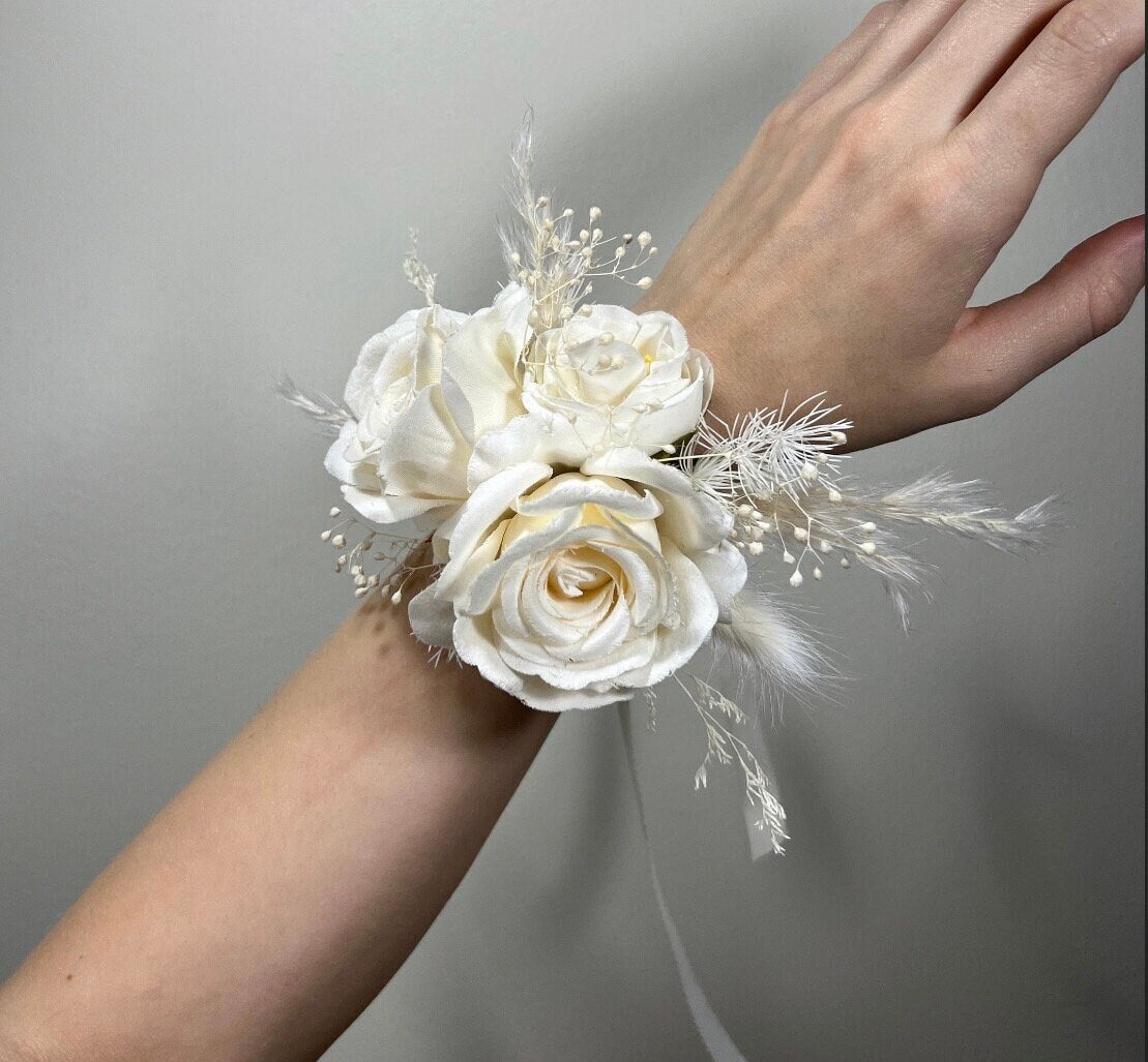 Wedding Bouquet Boho White Bridal Bouquet Pampas Grass Ivory Bridesmaids White Bouquet Decor Fern White Artificial Flower Dried White Rose