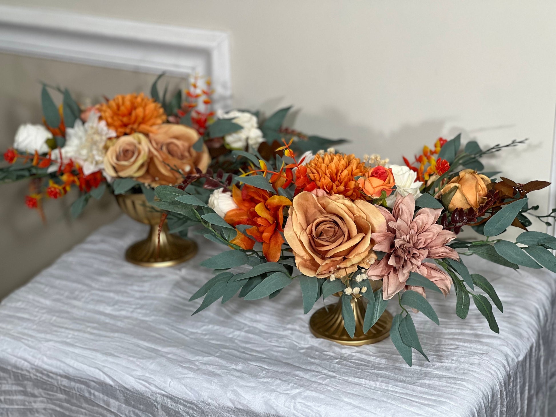 Wedding Centerpiece Terracotta Table Decor White Centerpiece Burnt Orange Table Rust Centerpiece Eucalyptus Gold Vase Artificial Flower