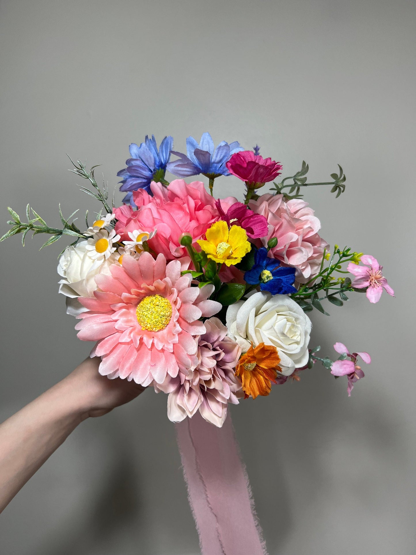 Summer Wedding Bouquet Wild Flower Pink Bridal White Spring Bouquet Pink Blush Blue Bridesmaids Bouquet Gerbera Wild Flower Artificial