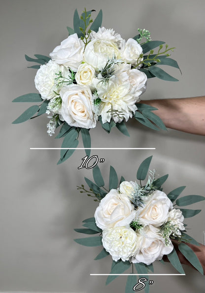 Wedding Bouquet White Bridal Ivory Bouquet Classic Sage Eucalyptus Greenery Bridesmaids Decor Bouquet White Handmade Artificial Flowers