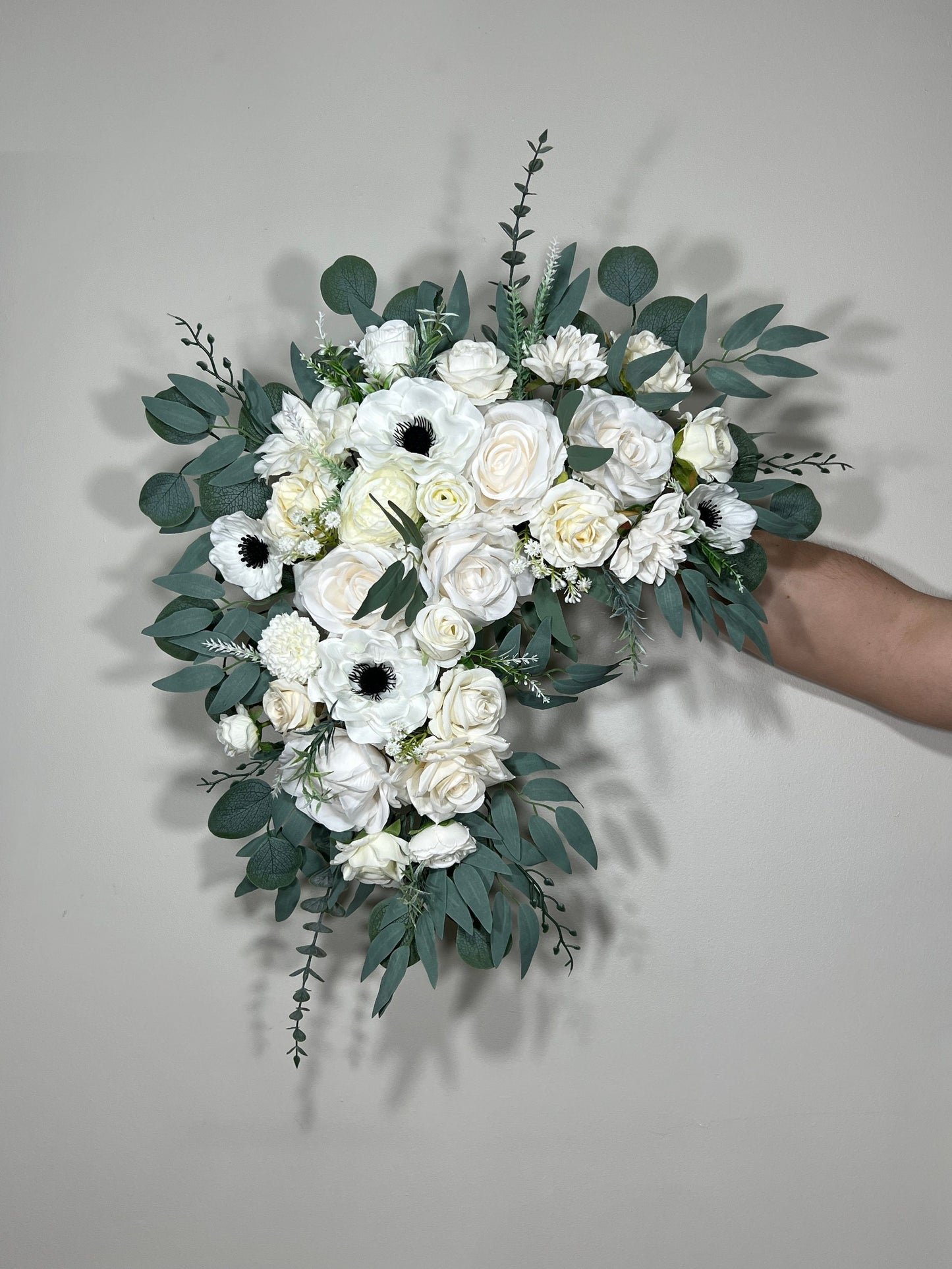 Wedding Corner Arch Arrangement White Corner Anemone Arch Arrangement Ivory Black White Anemone Artificial Flower Eucalyptus Sage Swag Arch