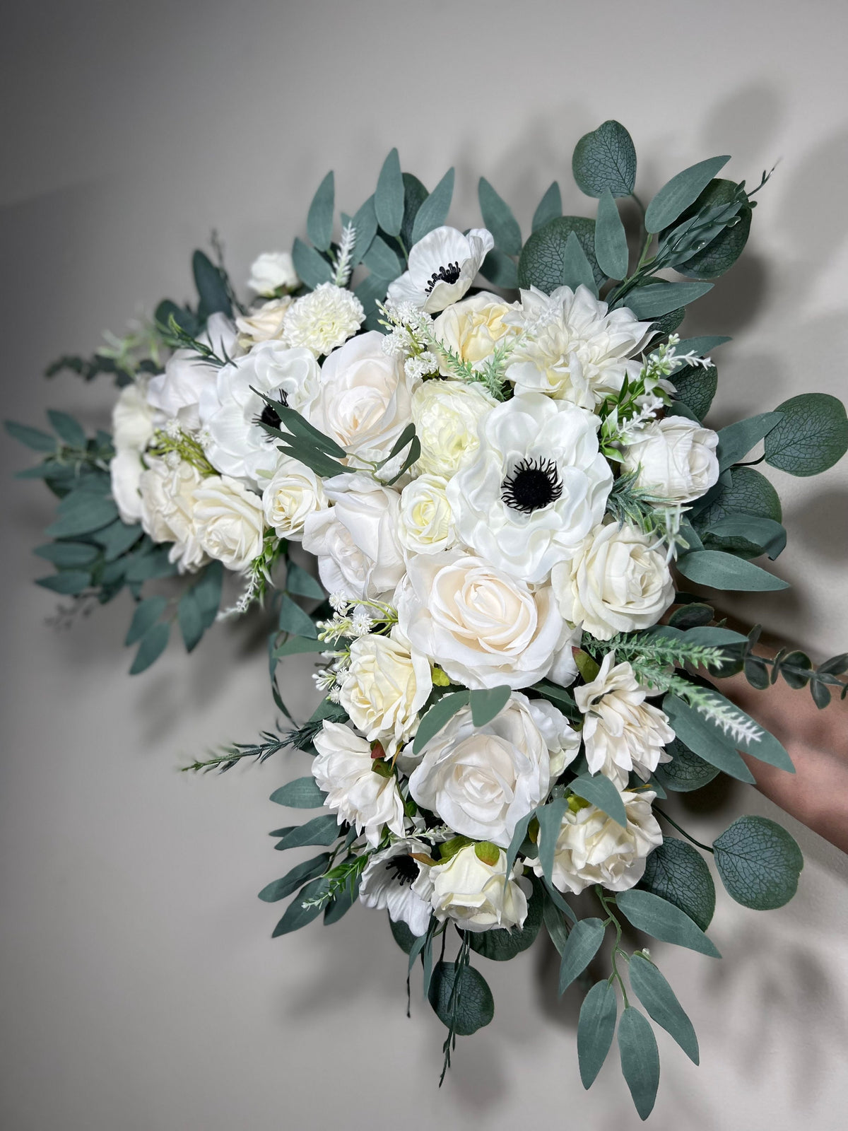 Wedding Corner Arch Arrangement White Corner Anemone Arch Arrangement Ivory Black White Anemone Artificial Flower Eucalyptus Sage Swag Arch