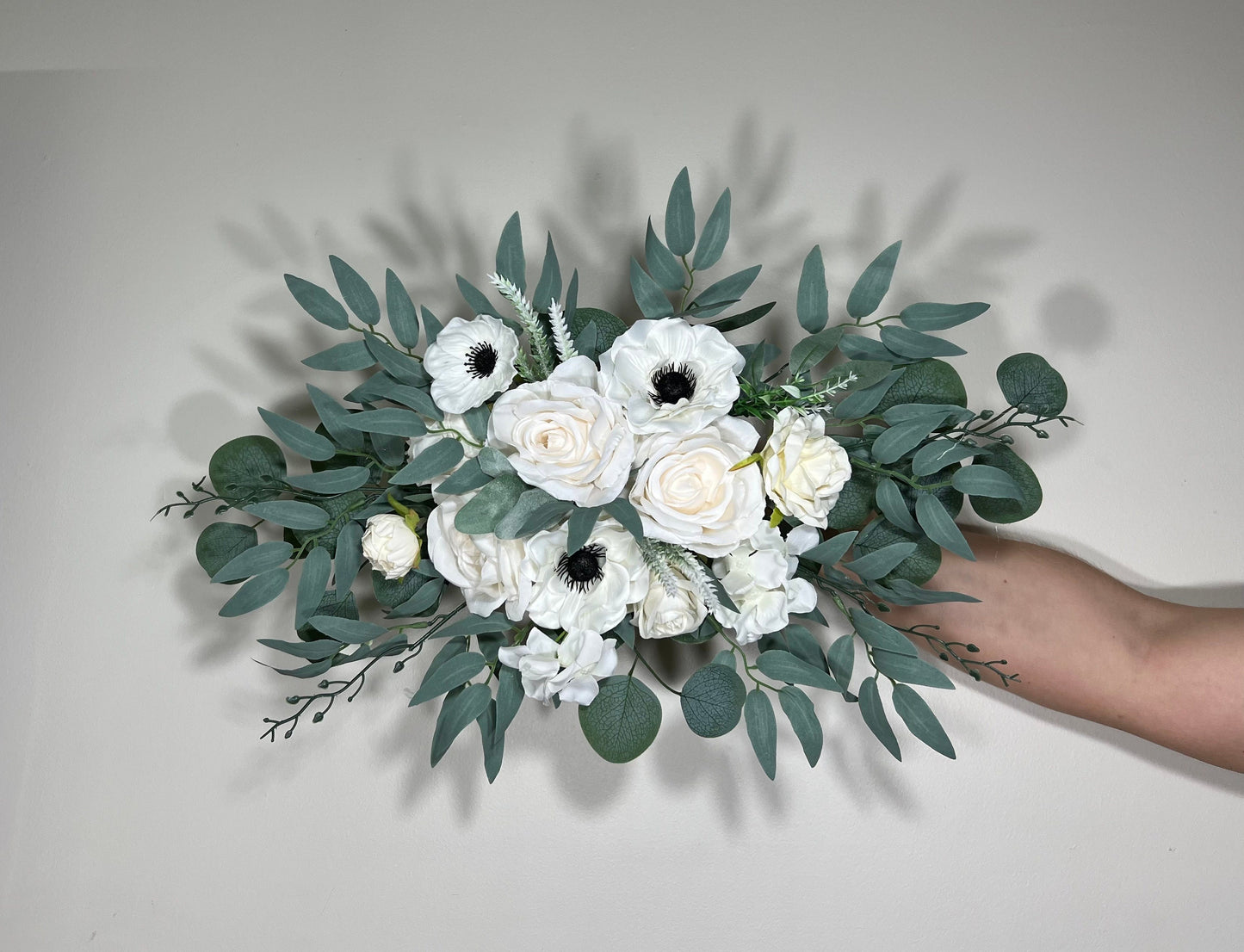 Wedding Corner Arch Arrangement White Corner Anemone Arch Arrangement Ivory Black White Anemone Artificial Flower Eucalyptus Sage Swag Arch