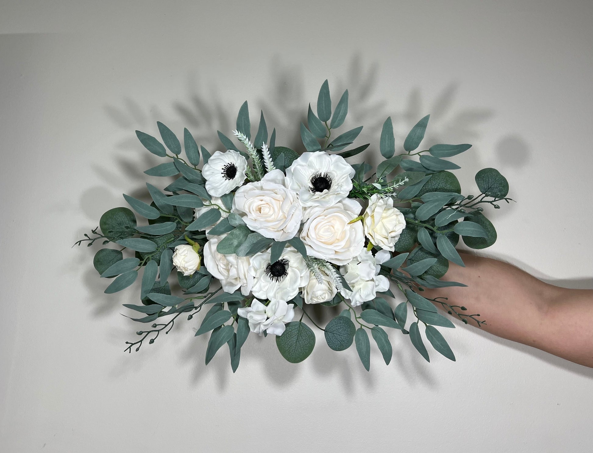 Wedding Black and White Corner Arch Arrangement Corner Anemone Arch Arrangement Ivory Black White Artificial Flower Eucalyptus Sage