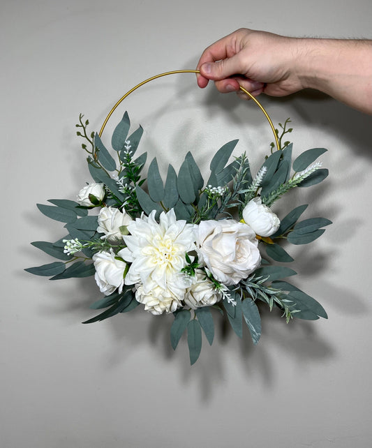 Wedding Hoop White Bridal Ivory Hoop Classic Bridesmaids Ring Wreath Flower Girl Hoop White Eucalyptus Artificial Flower Hydrangea Rose