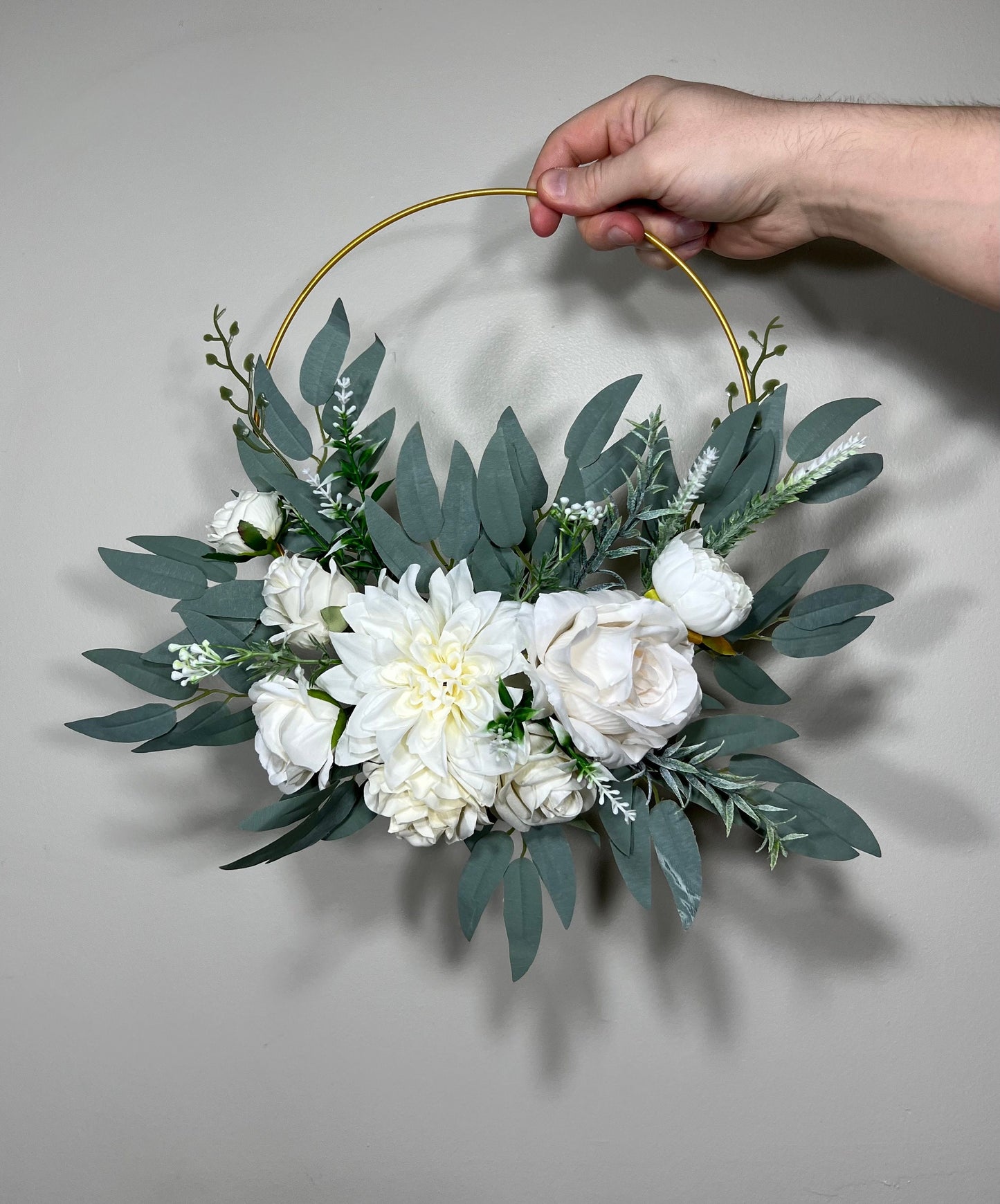 Wedding Hoop White Bridesmaids Hoop White Ring Wreath Flower Girl Hoop White Eucalyptus Floral Hoop Artificial Flower Peony Rose White
