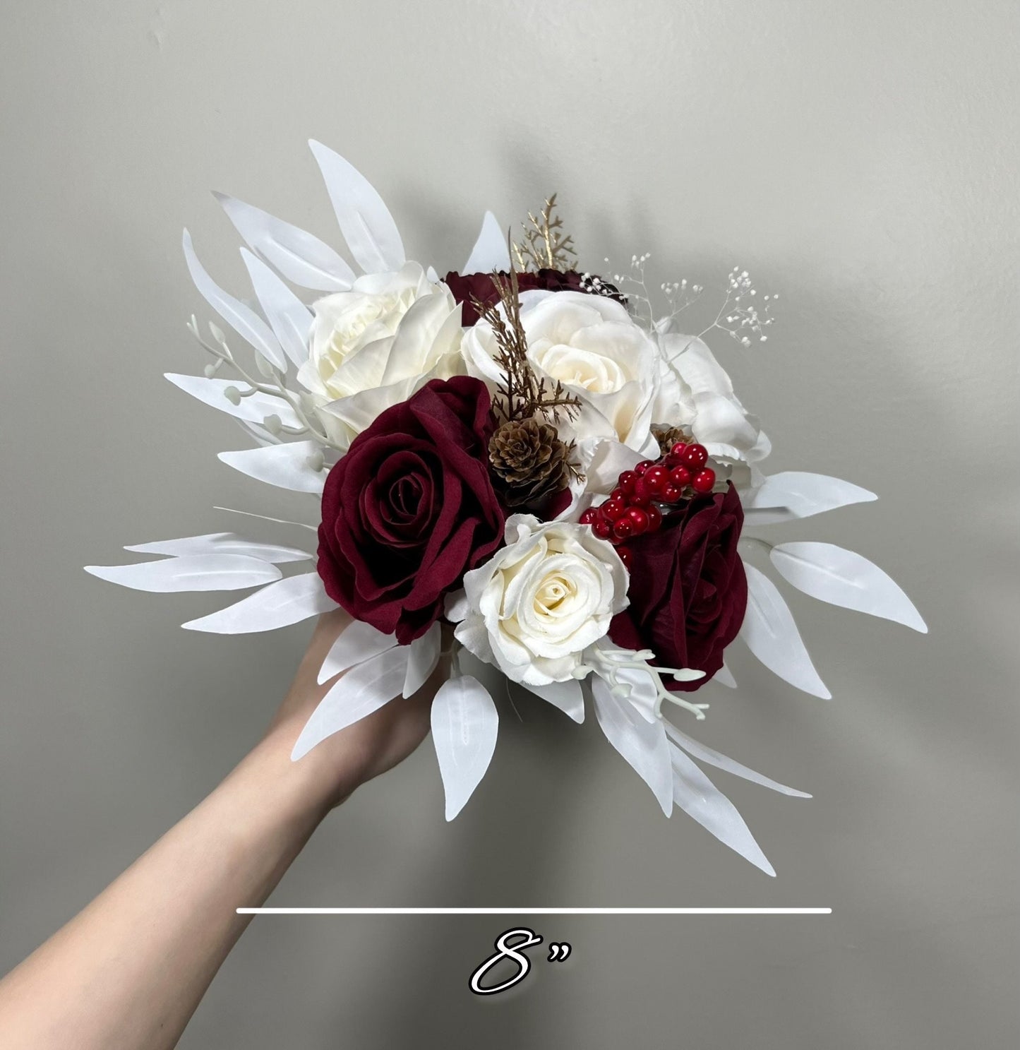 Wedding Bouquet Burgundy Winter Christmas Bridal Ivory Rustic Bridesmaids Decor Gold Christmas Tree Snow Pine Cone Red Berries Artificial